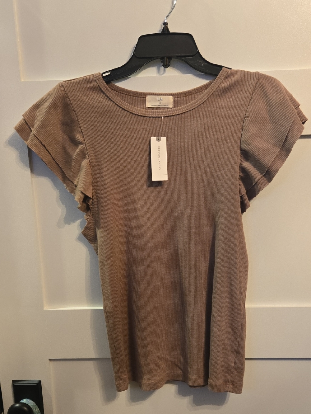 T.La Ribbed Flutter Sleeve Tee in Taupe Brown Large NWT Anthropologie